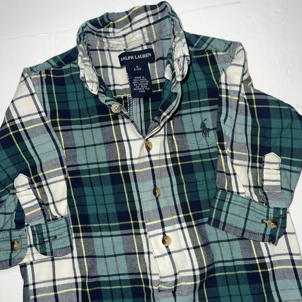 Ralph Lauren Green Navy White Plaid Baby Boys 6-12 Month Button Romper Preppy